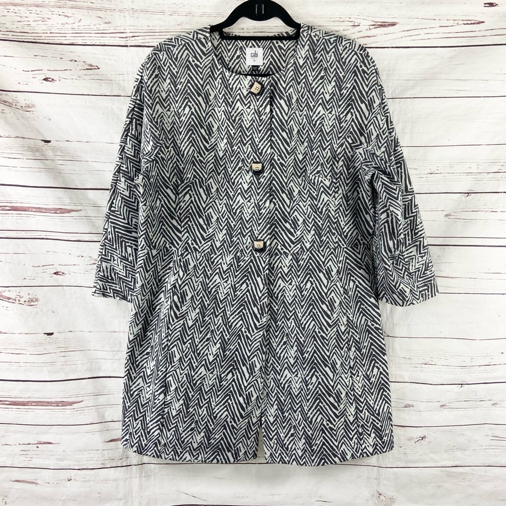 Cabi‎ Jacket Women’s L Gray zig zag ponte 3/4 length sleeve  black chevron.